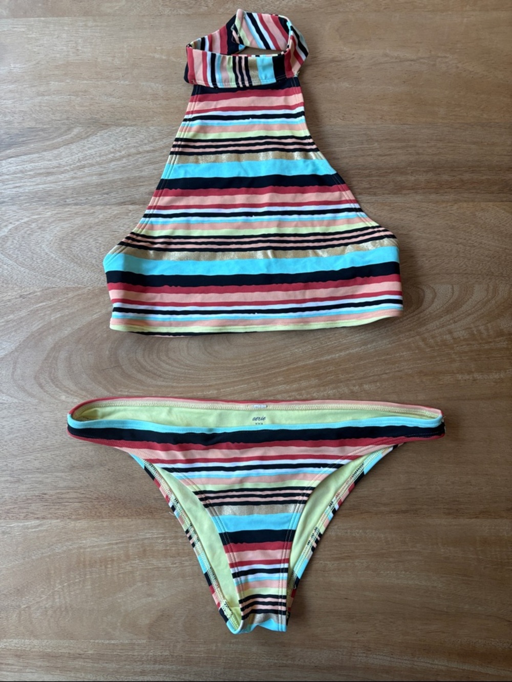 aerie Striped High Neck Bikini Set in a colorful linear pattern
